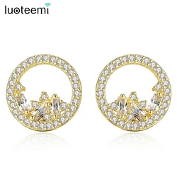 LUOTEEMI Cute Small Round Women Stud Earrings for Wedding Party White Gold or Gold Color Paved CZ Fashion Jewelry Brincos Gift