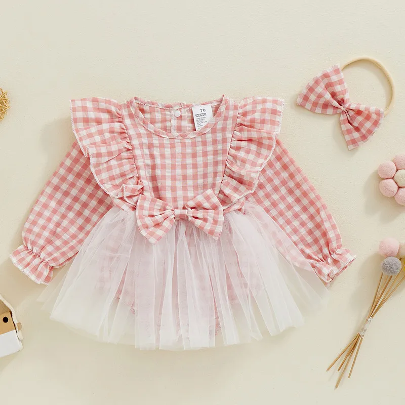 RUEWEY 0 to 18 Months Baby Girl Bodysuit Spring Autumn Clothes Plaid Ruffles Long Sleeve Tulle Skirt Hem Jumpsuits with Headband