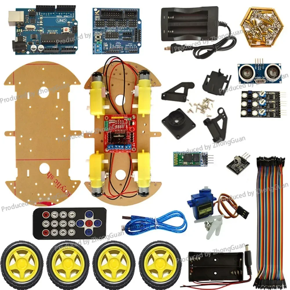 4WD Bluetooth Multi-function Four-wheel Smart Car Kit Bluetooth Obstacle Avoidance Tracking for A-rduino DIY Set