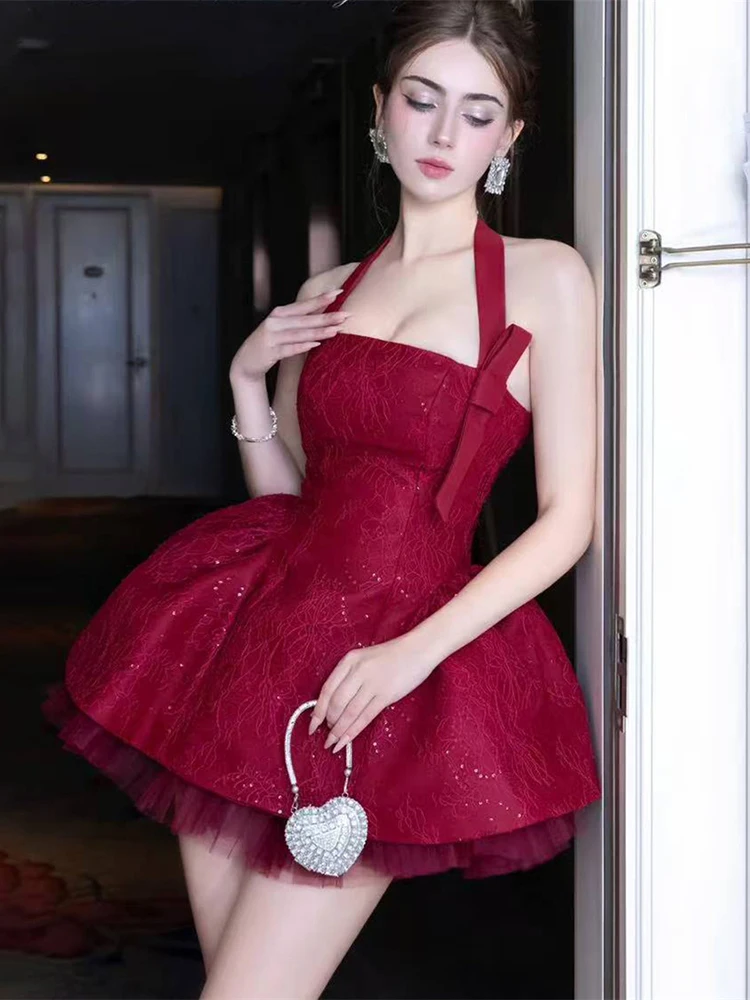 SIsterlinda Jacquard Sexy Dress +Mesh Puffy Skirt Women Noble Bow Sequin Sleeveless Halter Backless Stretch Birthday Party Suits