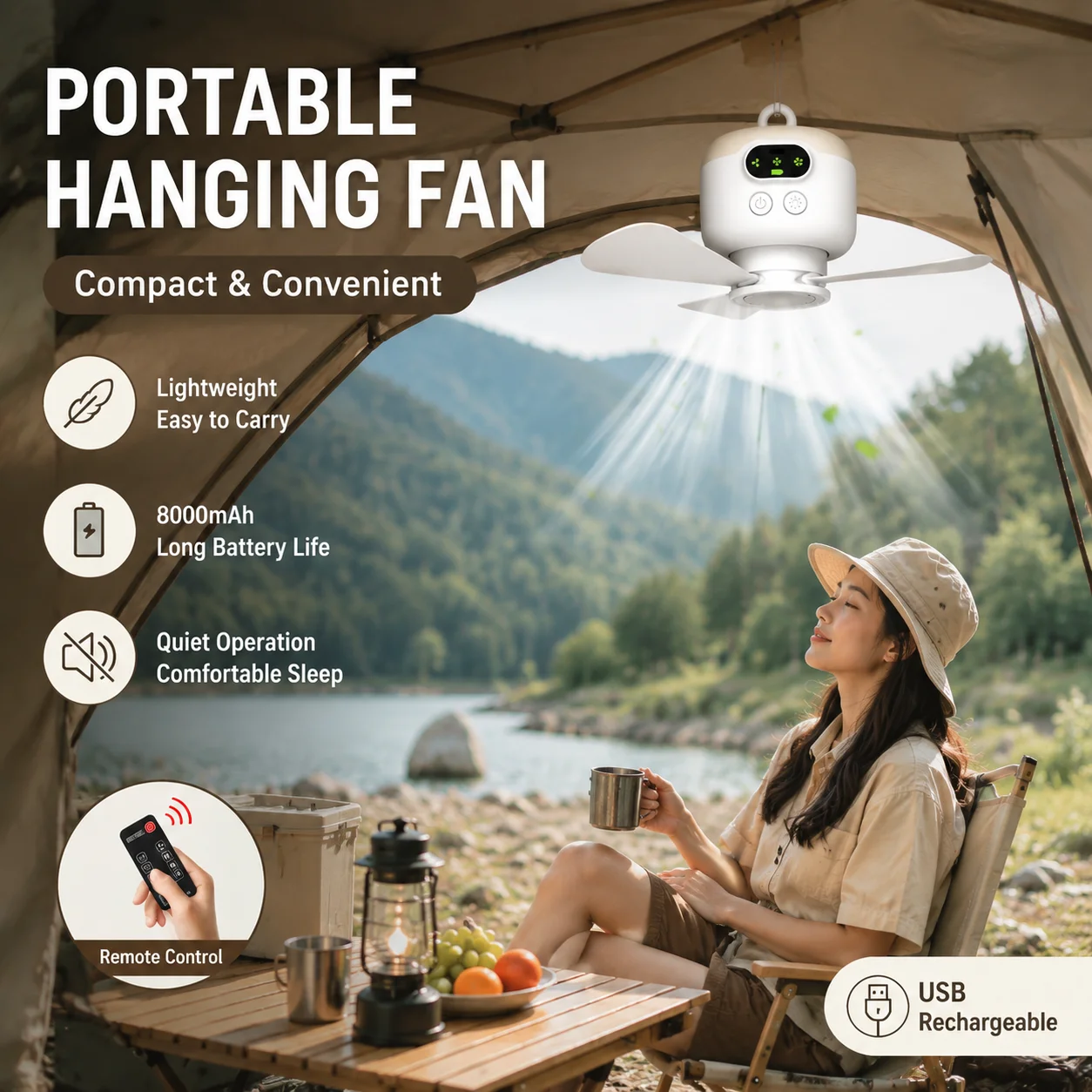 Portable Rechargeable Ceiling Fan Wireless USB Hanging Fan for Student Dorm Bed Outdoor Camping USB-powered & Plug-in models
