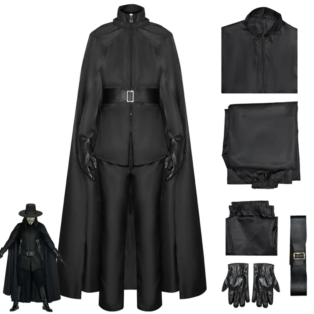 

Movie Vendetta Swordsman Black Killer Uniform V for Vendetta Cosplay Costume with Cloak Halloween Carnival Party Clothing