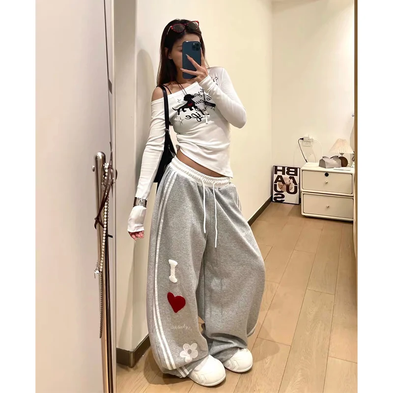 Women Gray Embroidery Baggy Star Pants Sweatpants with Elastic