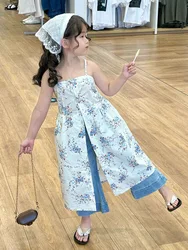 Baby Girls' Dress Summer New Vacation Style Beach Camisole Dress Kids Flower Single Breasted Slit Fashionable Children Clothing