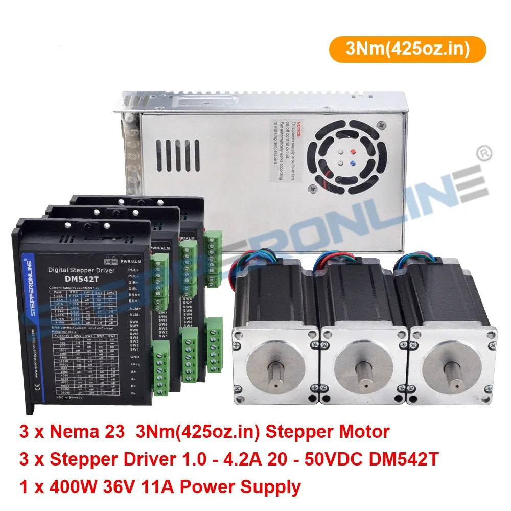 

STEPPERONLINE Nema 23 3 Axis CNC Router Kit 3N.m Open Loop Stepper Motor Kit + DM542T Stepper Driver + 36V Power Supply