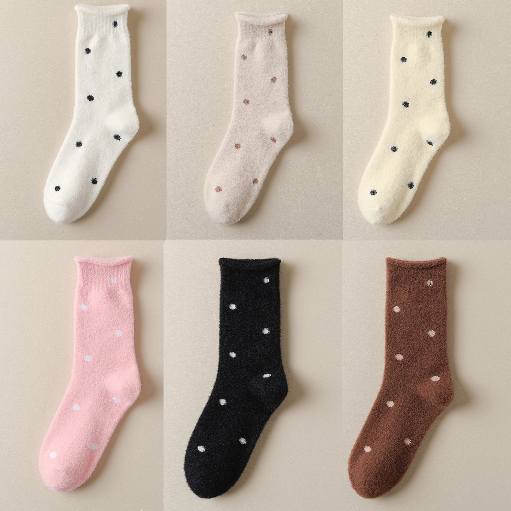 6 Pairs Dot Soft Fluffy Dot Socks Women Warm Winter Socks Cute Mid Tube Socks Brown White Pink Black Home Floor Fuzzy Socks New