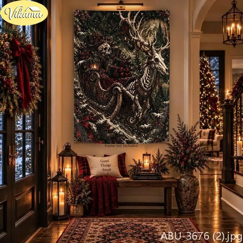 VIKAMA Gothic Skeleton Coachman Lantern Horse Castle Wall Tapestry Dark Victorian Holiday Carriage Home Decor Fresh Style Soft