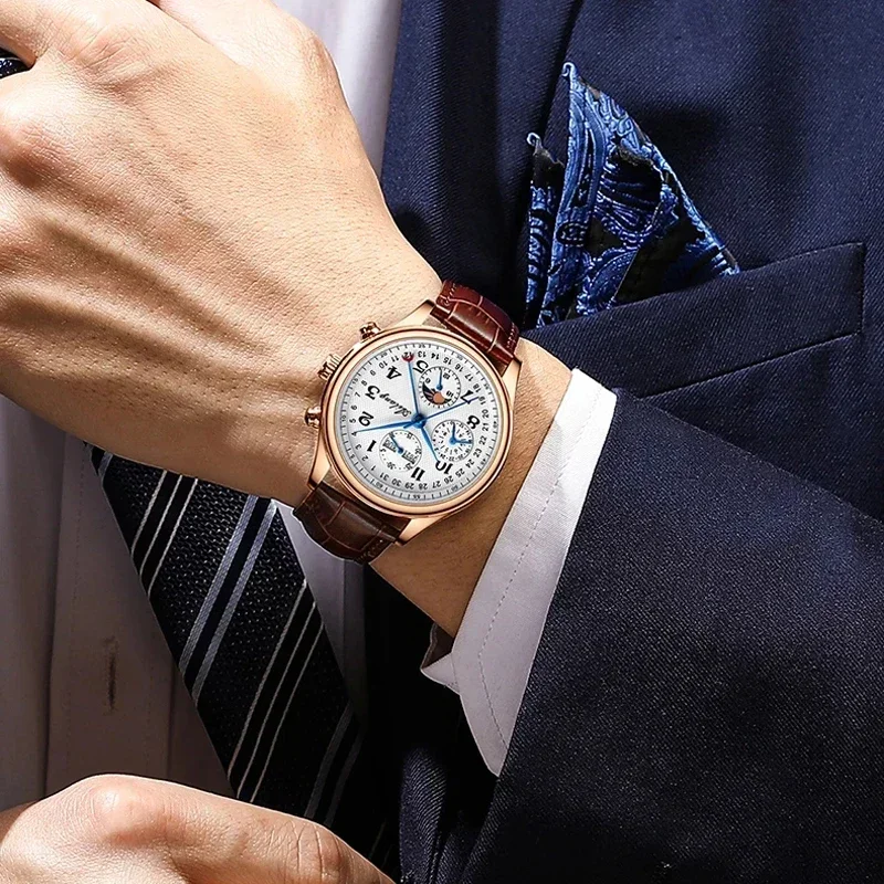 Dropshipping New Business Mens Mechanical Watches Brand Luxury Leather Waterproof Week Calendar Moon Phase  Automatic clock 2024