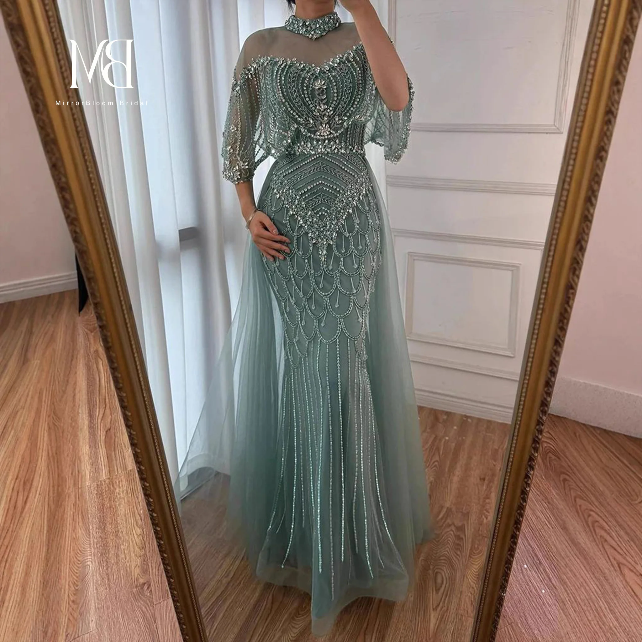 

Luxury High Neck Cape Sleeve Mermaid Evening Dress Women Beaded Floor-Length Formal Wedding Guest Prom Gown Customized