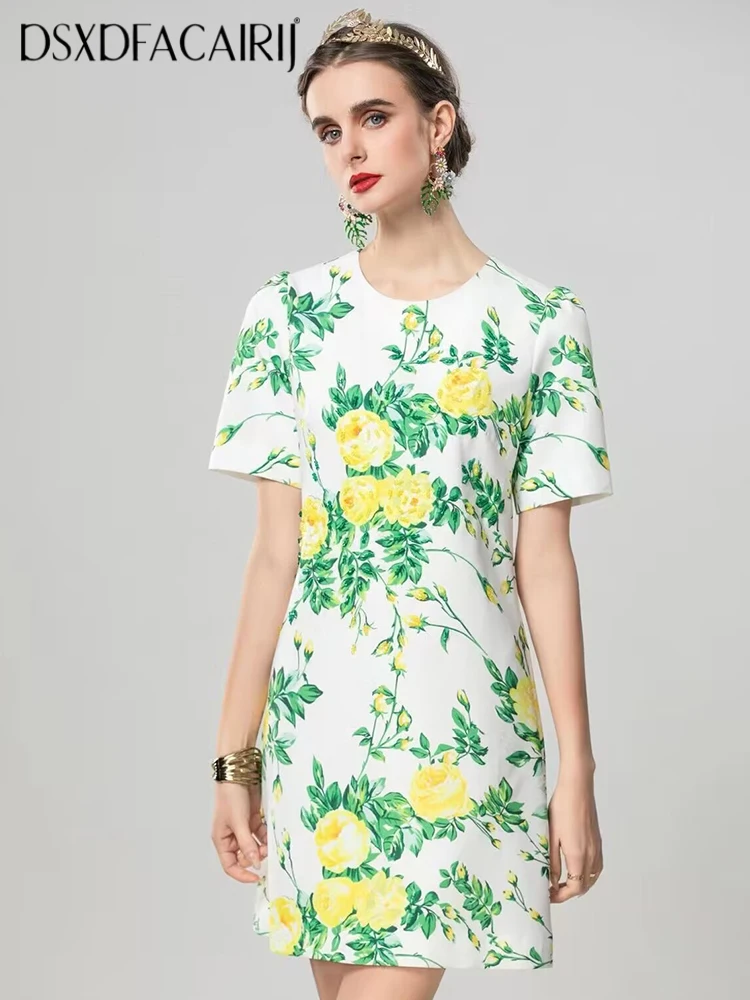 

DSXDFACAIRIJ Beading Mini Dress For Women O-Neck Short Sleeve Flowers Print High Street Vest Dresses Fashion Summer Female