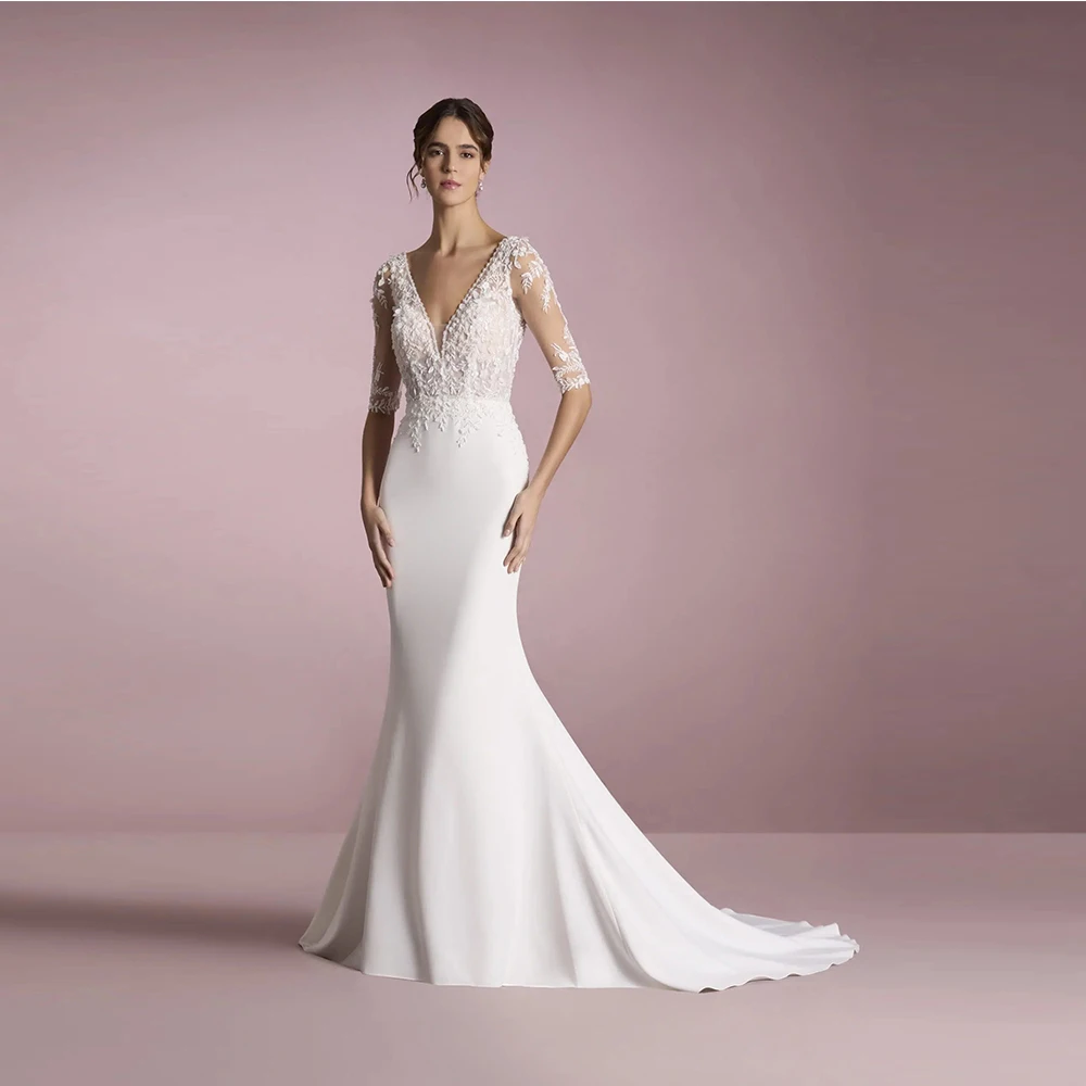 Customized Romantic White Long Dress With V-neck Decal Long Sleeved Evening Gown And Transparent Wedding Dresses Gown 2025