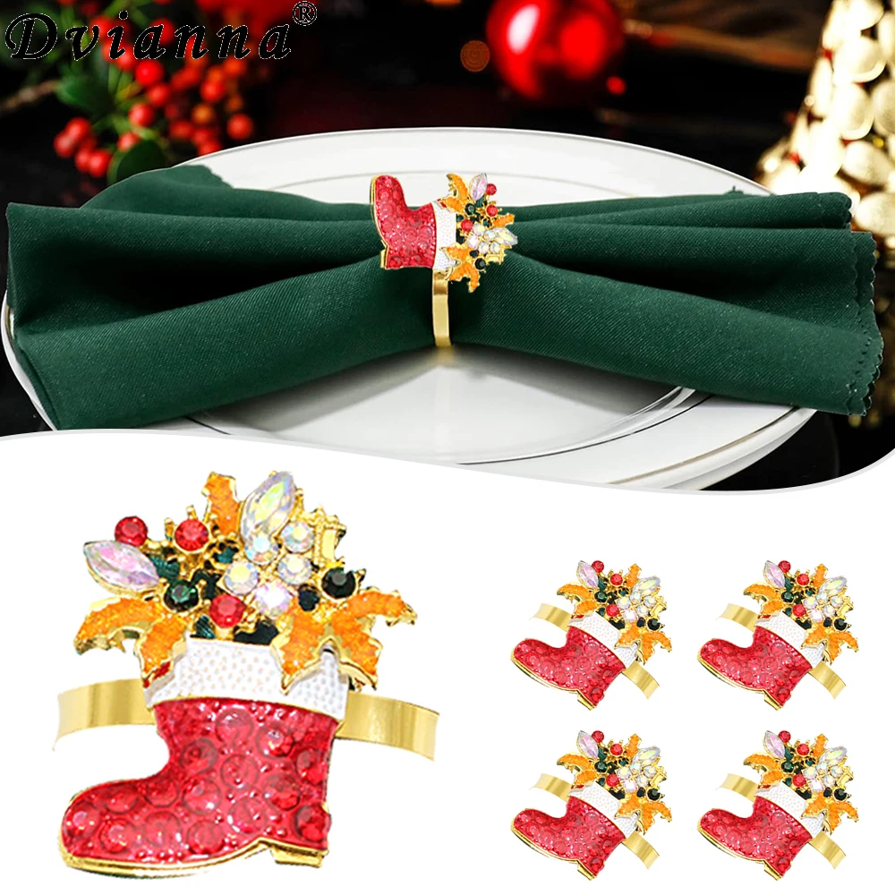 6Pcs Christmas Stocking Napkin Rings with AB Crystals - Red Rhinestone Gold Plated Holiday Table Decor