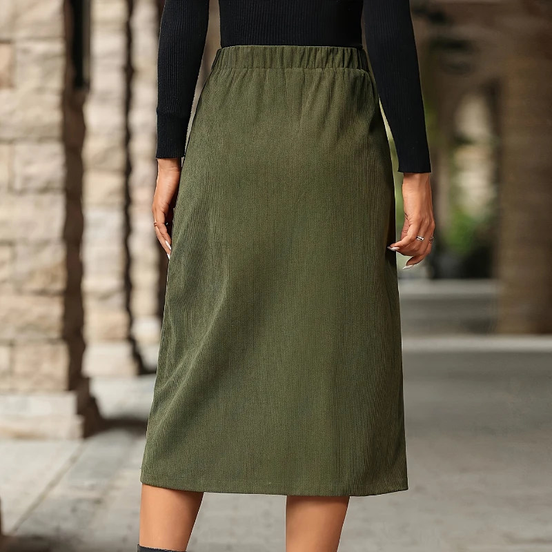 Vintage Green Single Breasted Long Skirts Women 2026 Street Style High-Waist A Line Skirts With Pockets Summer Casual Skirts
