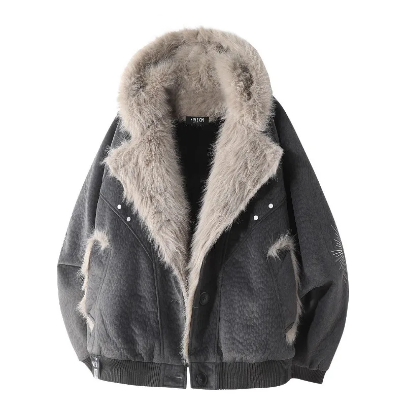 Herren Jacke Harajuku Winter Fleece Gefüttert Pelz Kragen Mit Kapuze Baumwolle Mantel Dicke Warme Lose Fit High-End Casual Streetwear Fashion