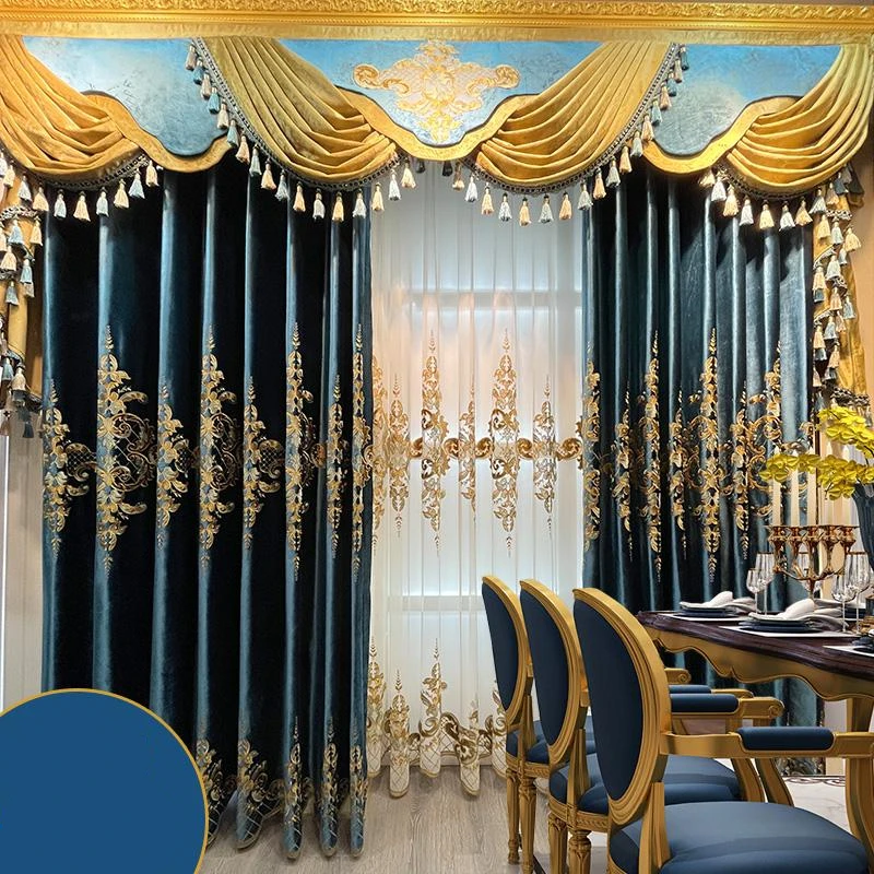 

Custom European villa luxury living room thick velvet embroidery blue cloth valance blackout curtain tulle drape C1932