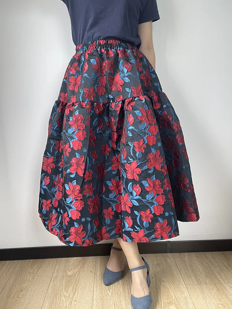 Jiami Blumen Vintage Midi Rock Jacquard Stickerei Ballkleid Rock elastische Taille A-Linie 2024 Frühling/Herbst Frauen kleider