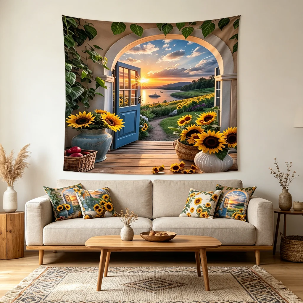 1PC Arch Sunflower Lake Art Print Backdrop Banner, Bedroom Living Room Photo Background, Polyester, Home Decor, Wall Art