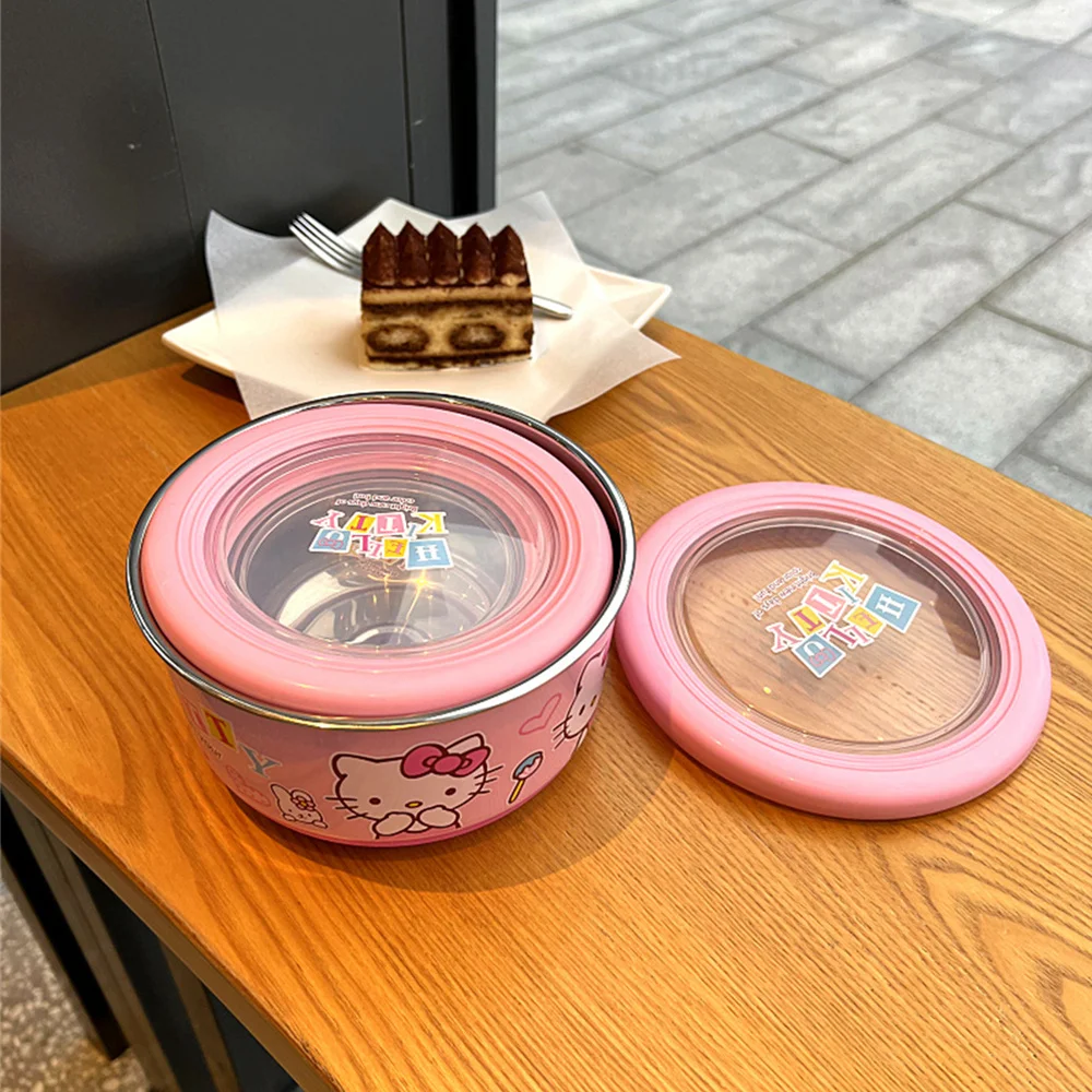 1Pcs Sanrio Stainless Steel Bowl Kawaii Kitty Noodles Mixing Bowl Cute Lunch Box Kitchen Tableware Kids Tableware