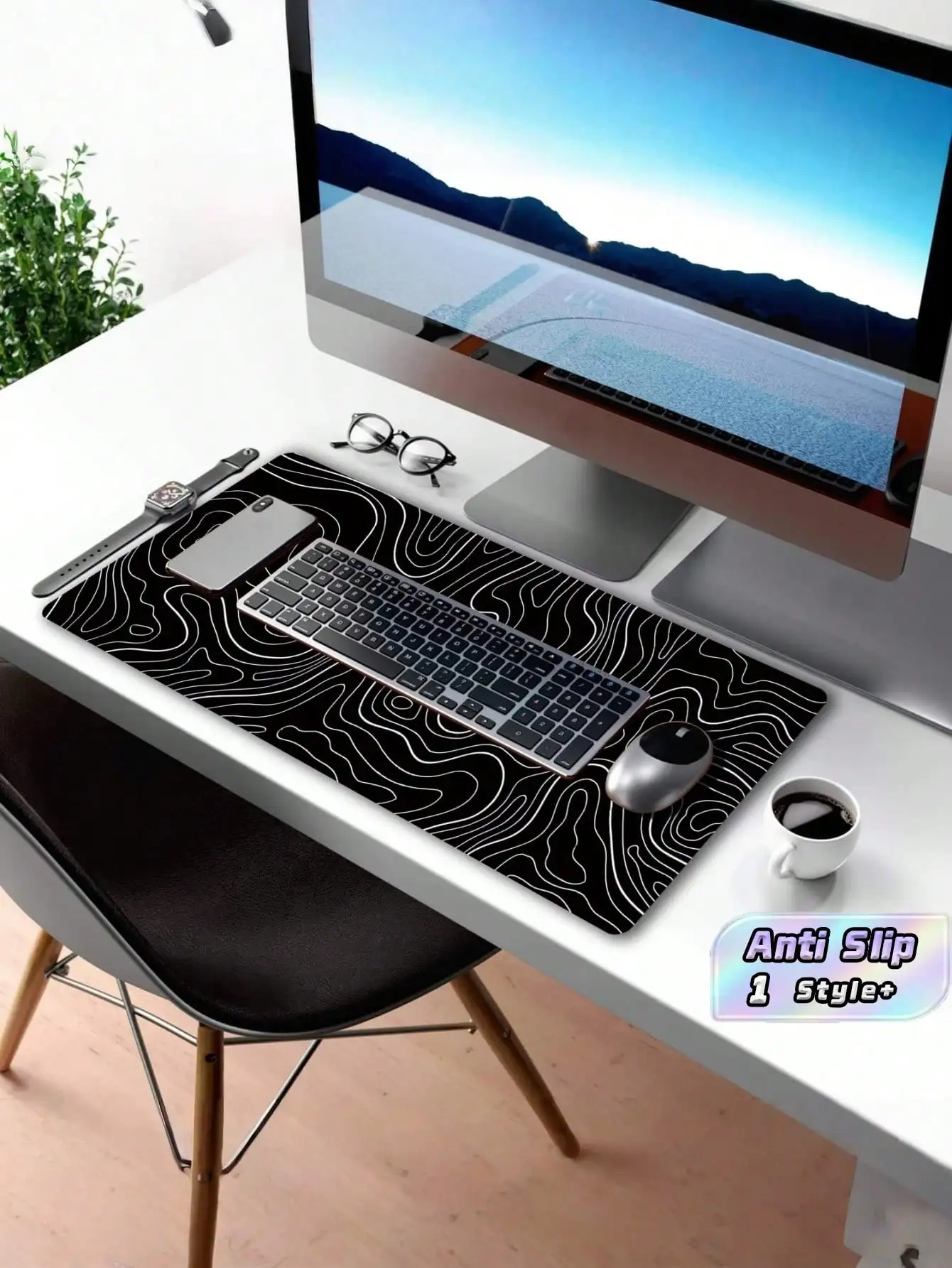 1PC Black White Line Topographic Pattern Diatomaceous Mud Material White Gaming Mouse Pad Waterproof Sweat Absorbent Non Slip Desk Pad Laptop Writing Board