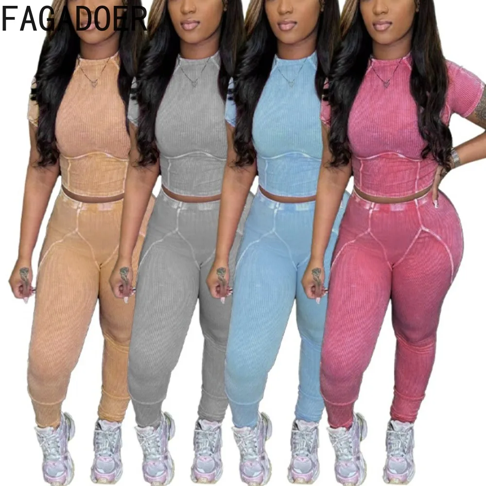 

FAGADOER Fashion High Quality Ribber Sporty Outfits Women O Neck Short Sleeve Crop Top And Pants Two Piece Set Female Tracksuits