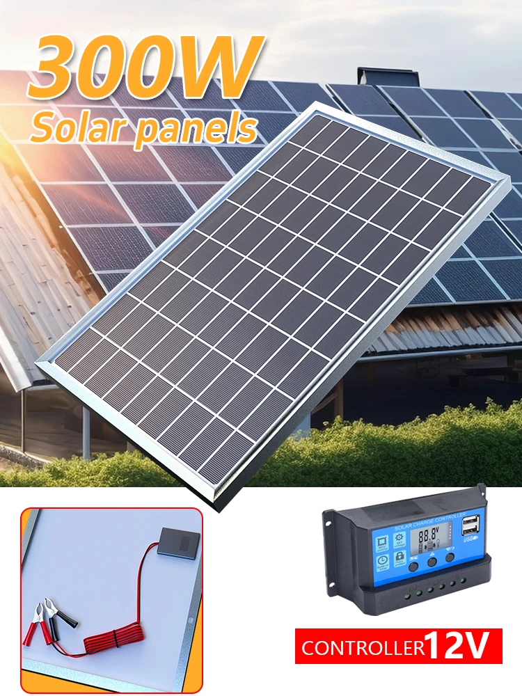 Solar Panel 300W Kit Complete 12V Polycrystalline USB Power Portable Outdoor Rechargeable Solar Cell Solar Generator for Home