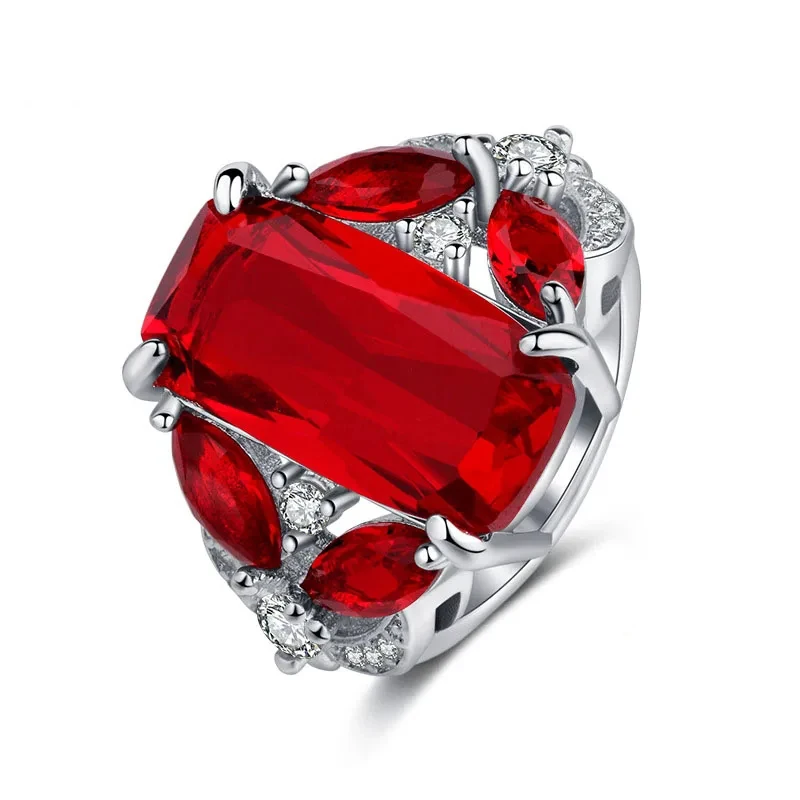 Anillo de Plata de Ley 925 auténtica para mujer, joyería con sello AAA, piedra roja grande de CZ, anillos de boda para fiesta