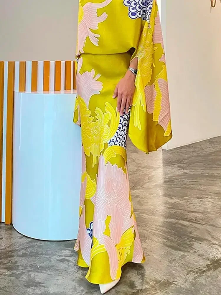 Lemongor 2025 New Female Elegant Party Evening Two Piece Sets Floral Printed Batwing Sleeve Blouses & High Waisted A-Line Skirts