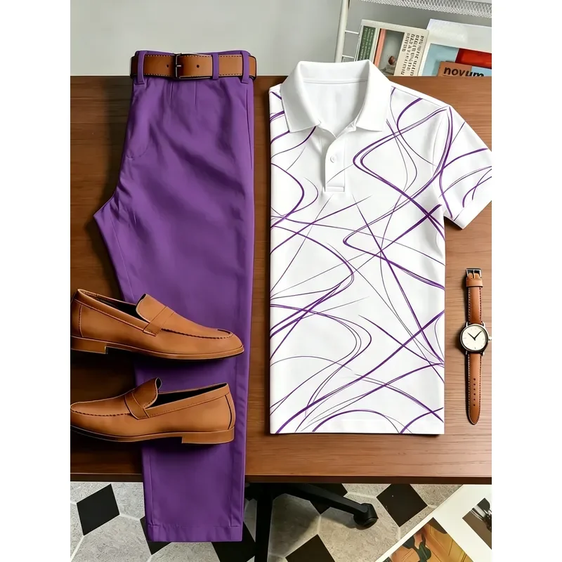 1 top (without pants) Men's printed short-sleeved Polo shirt with lapel and button-down front, crafted from comfortable