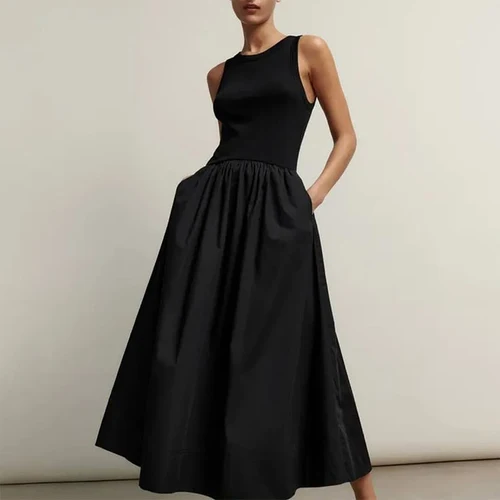 Imagen 2 del producto HXAO vestido negro para mujer, vestido largo ajustado sencillo con cuello redondo sin mangas, vestido de vacaciones, vestidos casuales de calle, vestido de verano para mujer 2025