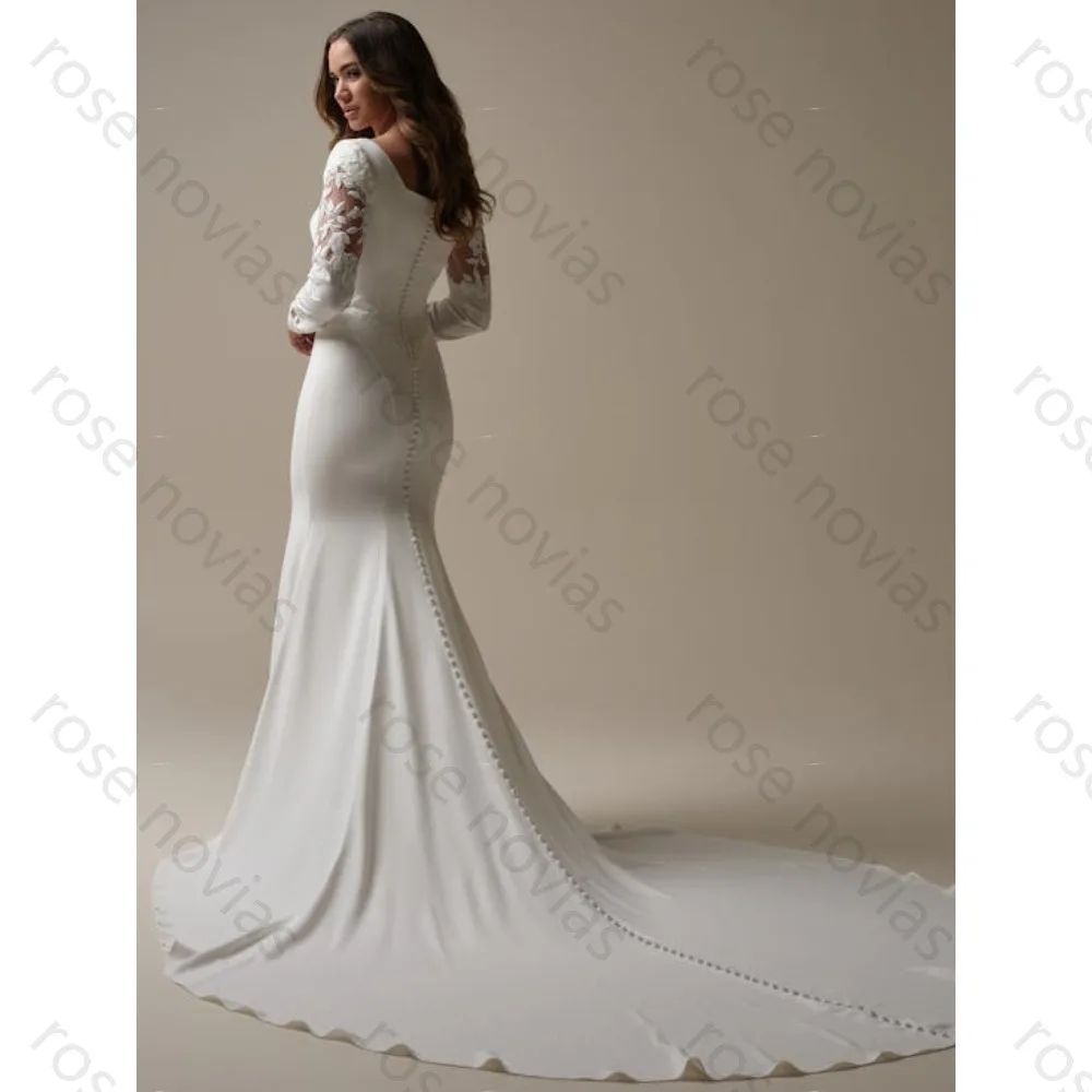 Vestidos de Noiva Brancos Personalizados em Crepe com Decote Redondo de Alta Qualidade para Eventos Formais com Apliques Estilo Sereia para Comprimento de Chão para Festas