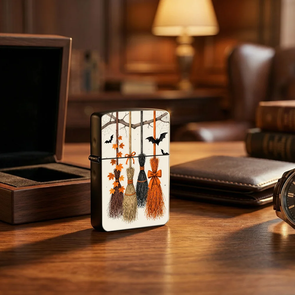 Whimsical halloween Flip Top Lighter lighters vintage Witch Broom Bow Maple Leaf Bat Spider Web Art Print lighters for smokers