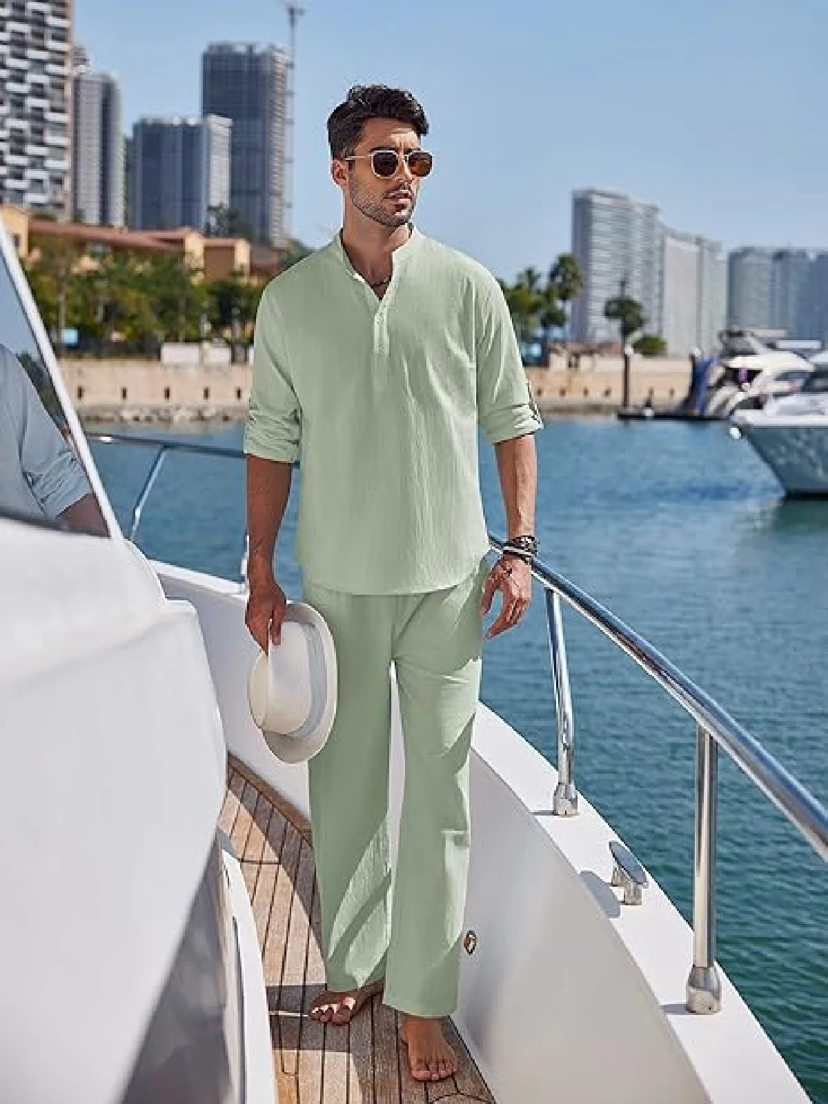 Summer new men's solid-color comfortable long-sleeved shirt and pants set, casual trendy vacation long-sleeved shirt set