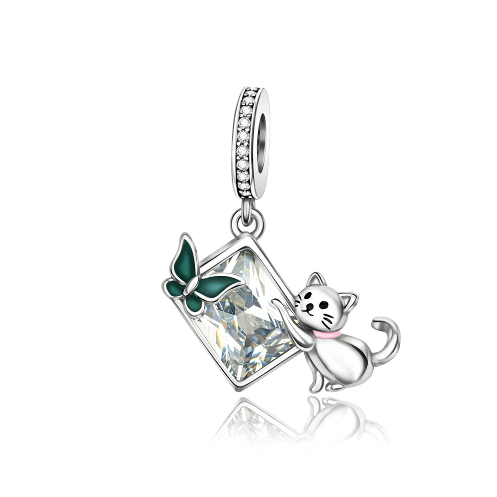 

Ahthen 925 Sterling Silver Beads Cat chases the butterfly Charm fit Snake Chain Bracelets Necklaces for Women Jewelry Making