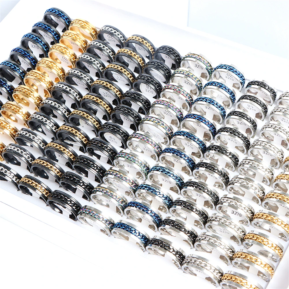 Pack of 10/30pcs Men\'s Spinner Chain Cool Stainless Steel Rings Tire Texture Rotatable Links Male Jewelry For Women