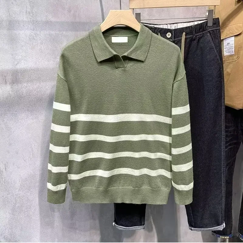 Autumn Simple Lapel Striped Sweater For Men Casual Vintage Korean Fashion Knitwear Top New Y2K Loose Knitted Pullover Jumper