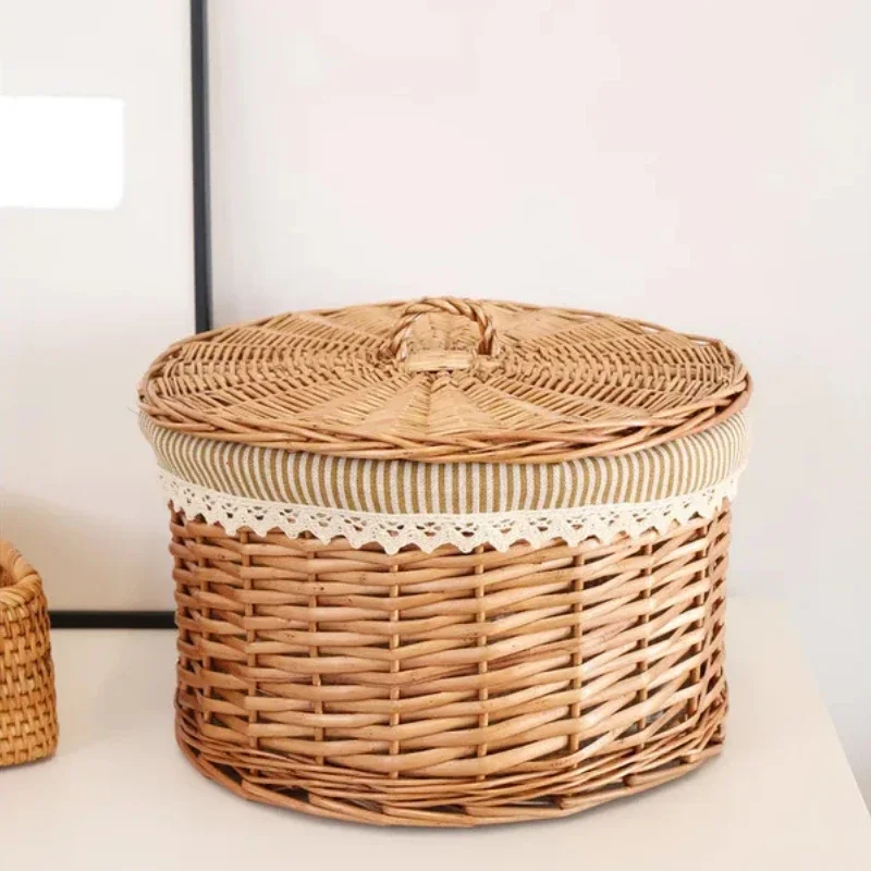 

Handmade Rattan Basket with Lid, Snack Box, Household Toy Storage, miscellaneous Organizer for Tea Table, Decorative Home Basket