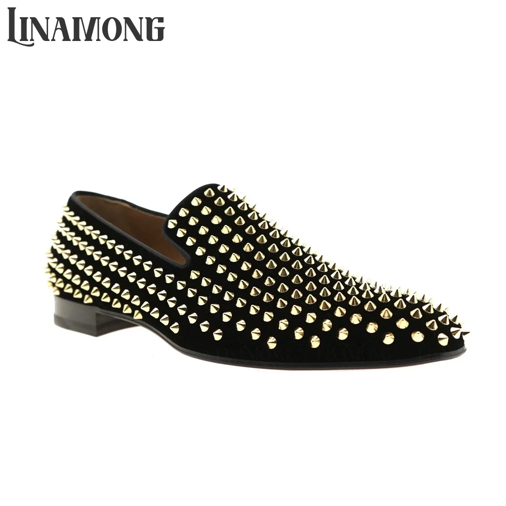 Gold Spikes Loafers Black Velvet Dress Shoes Designer Style Slip-On Punk Leather Shoes Handmade Classic Rivet Leather Men Shoes