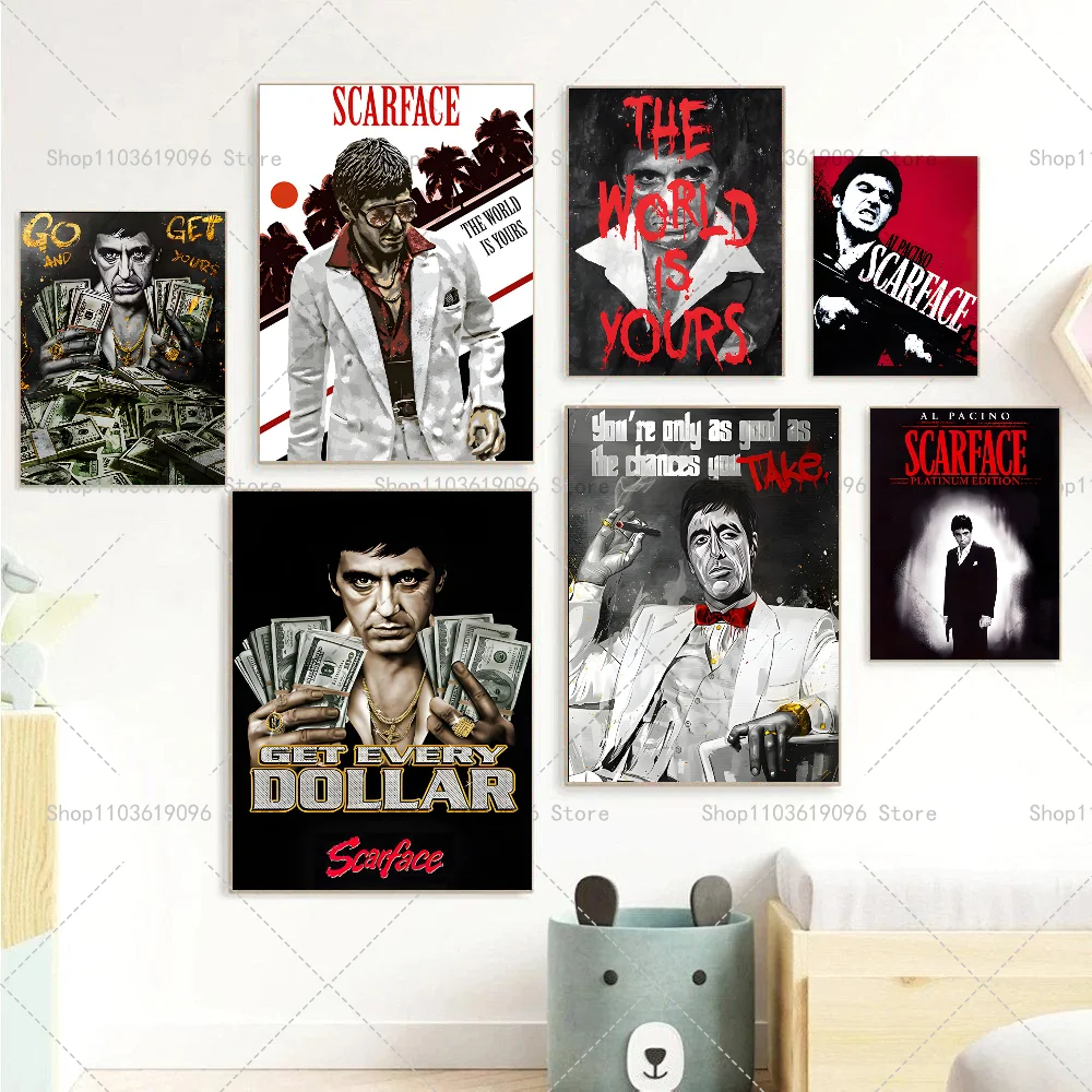 Gangster Movie Scarface Tony Montana With Money Poster Self-adhesive Waterproof Paper Sticker Coffee House Bar Room Wall Decor