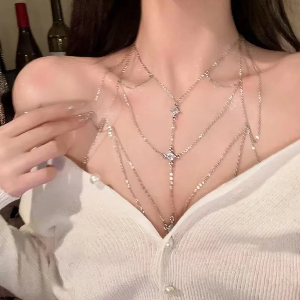 Accesorios para Bikini, Cadena de Pecho con Brillantina y Diamantes de Imitación, Cadena de Bikini Sexy de Varias Capas, Cadena Corporal Plateada de Lujo, Tendencia para Fiestas