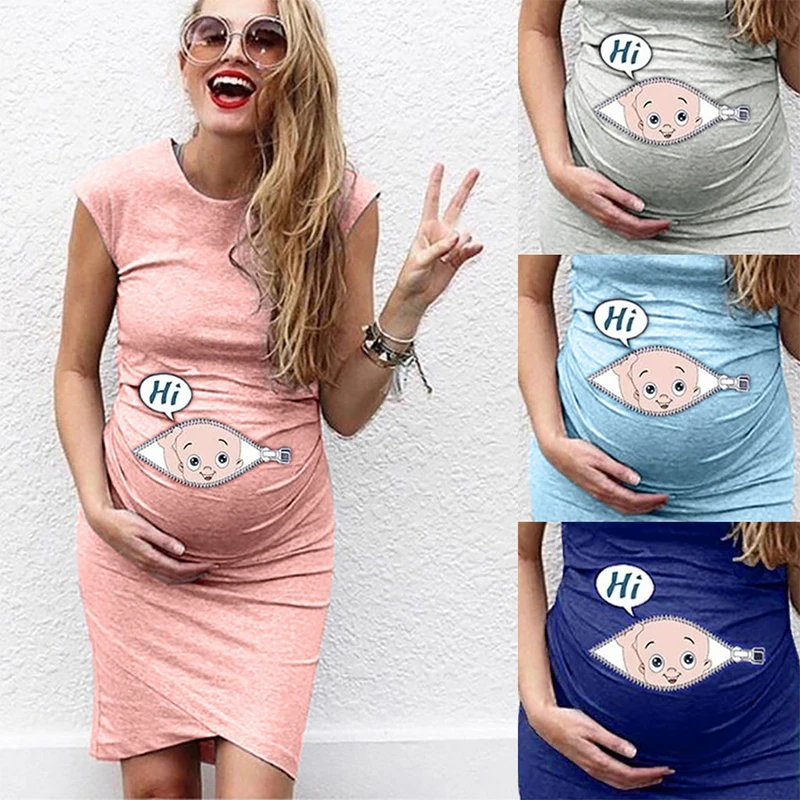 

New Cartoon Letter Print Pregnant Woman Dress Sleeveless O-neck Slim Pregnancy Maternity Dress Nusring Maternity Casual Clothes
