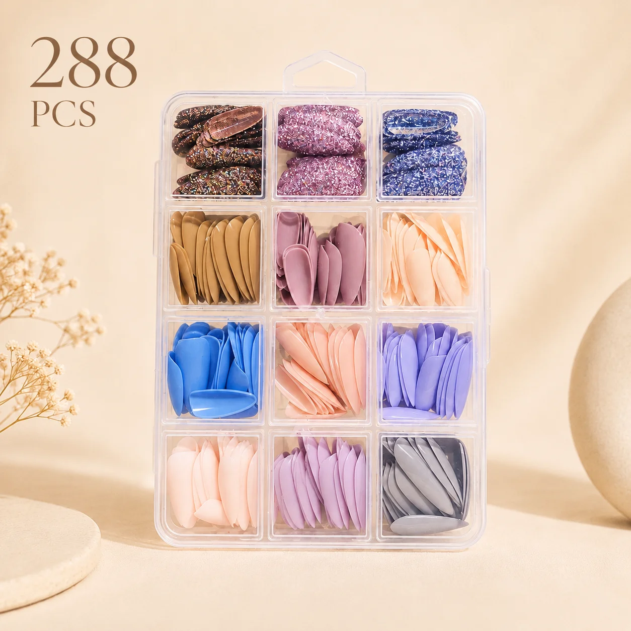 288pcs 12 Styles Almond-Shaped Press-On Nails, Gold Glitter and Multicolor Mixed False Nails, Women's DIY Nail Set