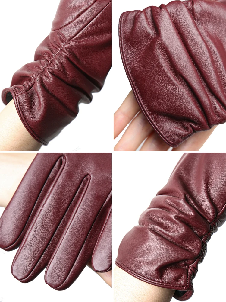 Guanti in pelle di pecora da donna inverno caldo più velluto corto sottile touch screen colore guida guanti in pelle da donna di alta qualità-2081