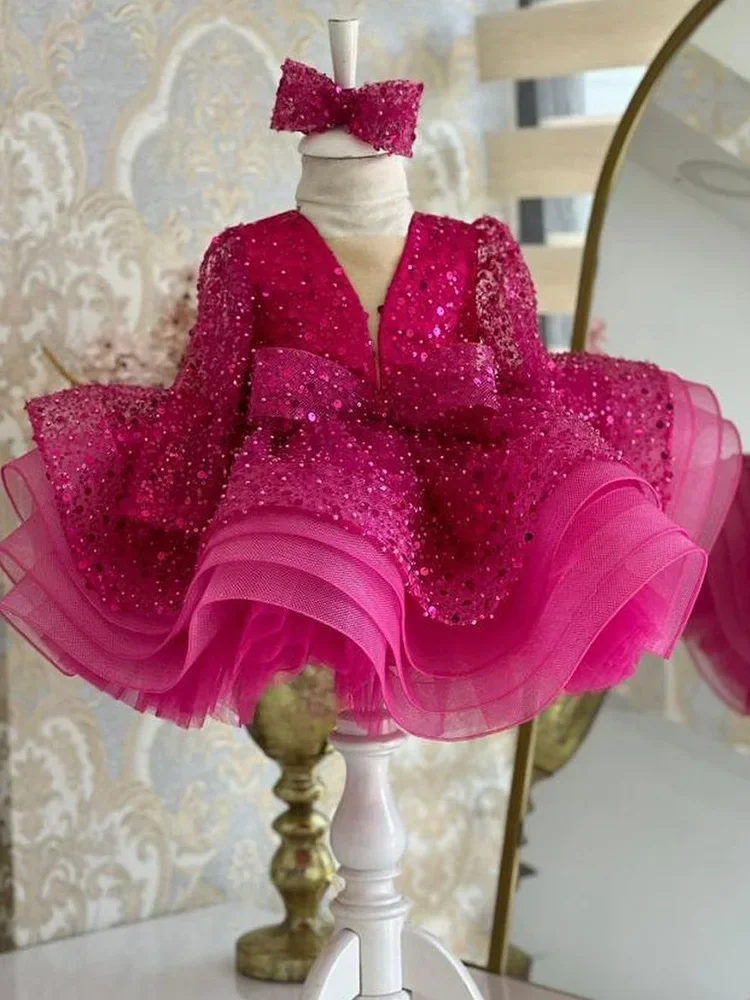 Luxurious Rose Pink Baby Girls Dresses Tulle Tiered Infant Girls Birthday Party Gown Christmas New Year Dress Gift Customized