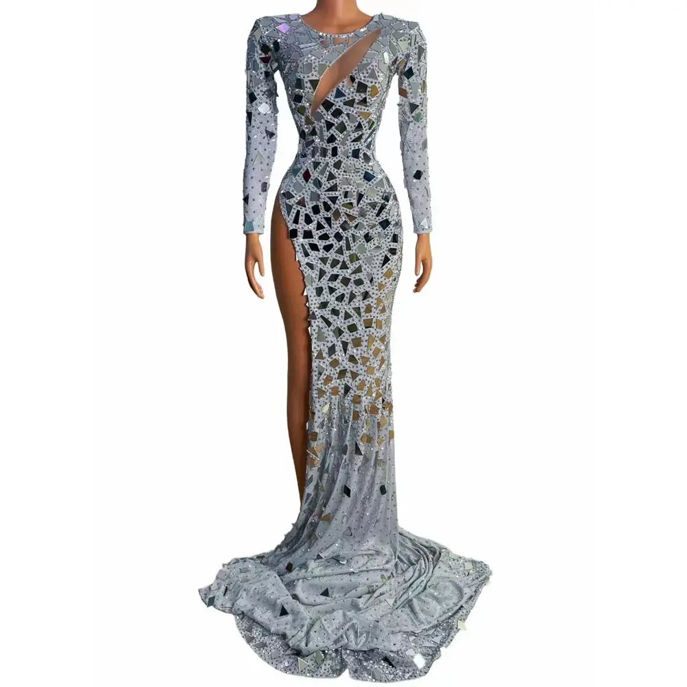 Sexy Hochzeit Abend Prom Kleid Geburtstag Kleid Sparkly Silber Strass Spiegel Lange Zug Kleid Sänger Preformance Kostüm