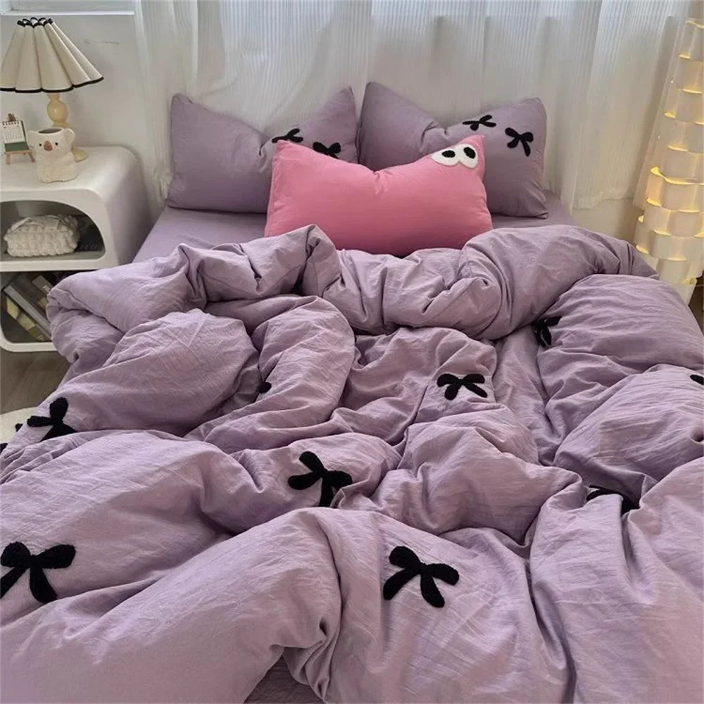 Ins Black Bowknot Bedding Set Pink Duvet Cover Bed Flat Sheet Twin Full Queen Princess Bed Linen Girls Solid Color Quilt Cover