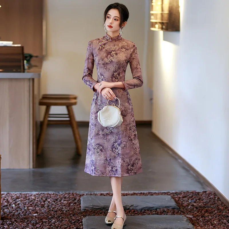 

Yourqipao Spring Purple Long-sleeved Improved Cheongsam Vintage Eastern Clothing Chinese Style Evening Dress Qipao for Women