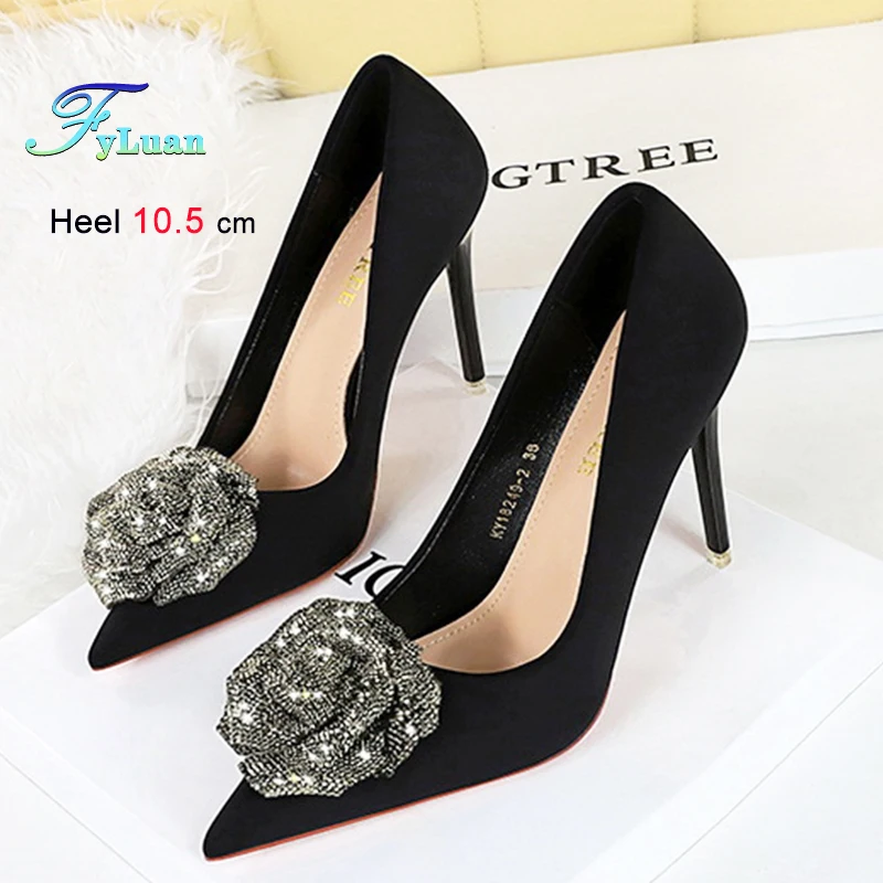 

New High Heels 10.5cm Women Shoes Slim Heels Silk Satin Shallow Mouth Lady Pumps Pointed Rhinestone Rose Stiletto Banquet Shoes