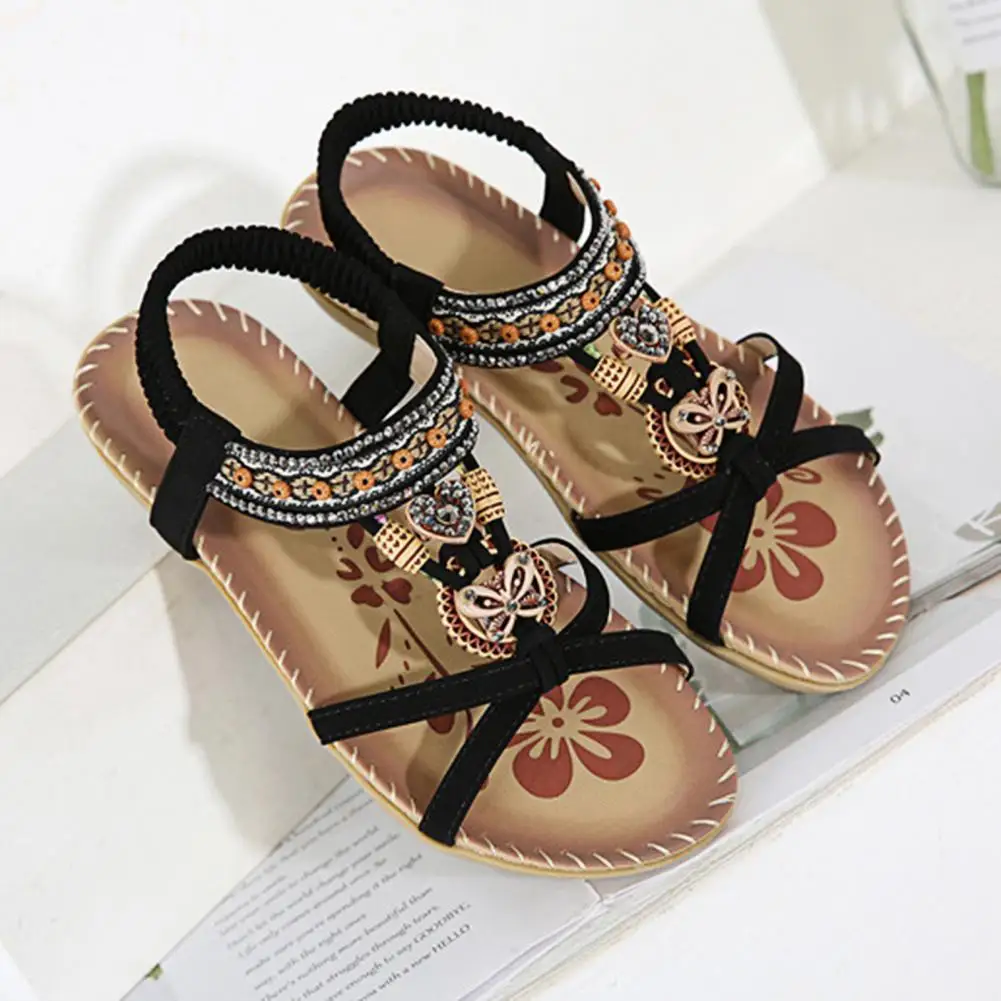 Sandali con strass Ladies 2024 Retro Elastic Band Flat Summer Shoes donna Soft Gladiator Sandals stampa bohémien Walking Luxury