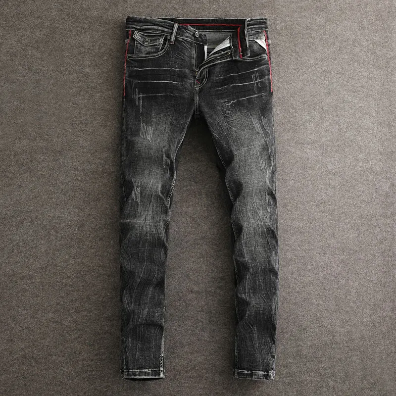 

Fashionable men's designer jeans, retro washed elastic slim fit slit jeans, high-quality classical black pants, hombre