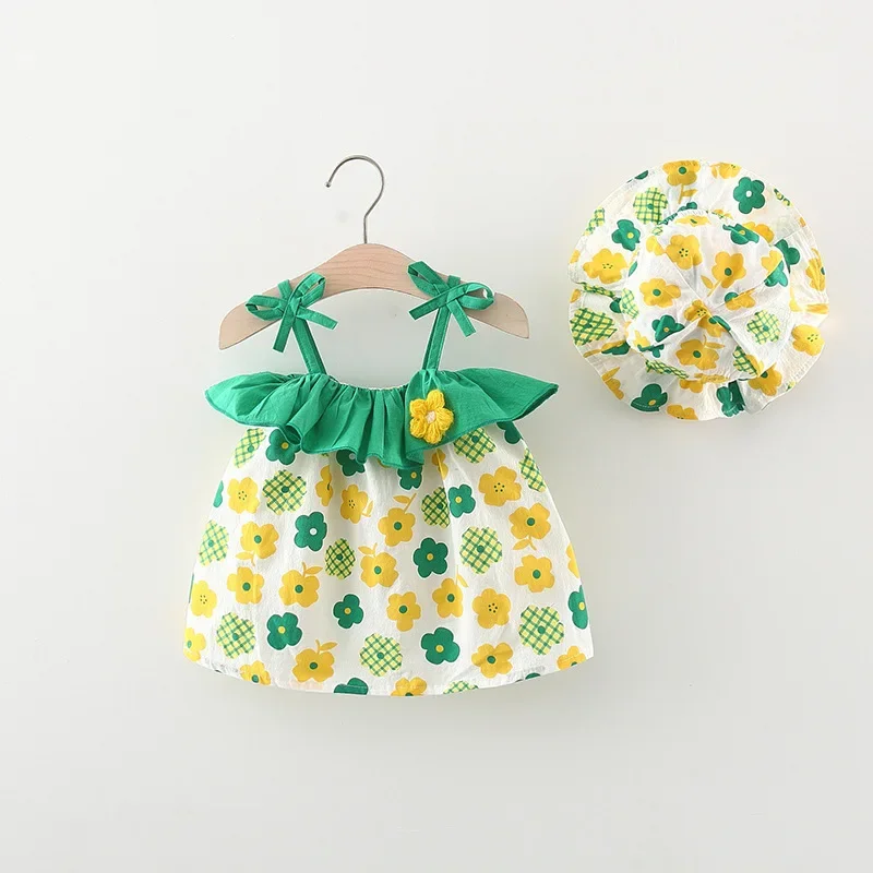 Girls' dress summer new children's clothing cute ruffled flower bow strap children's dress with cloth hat